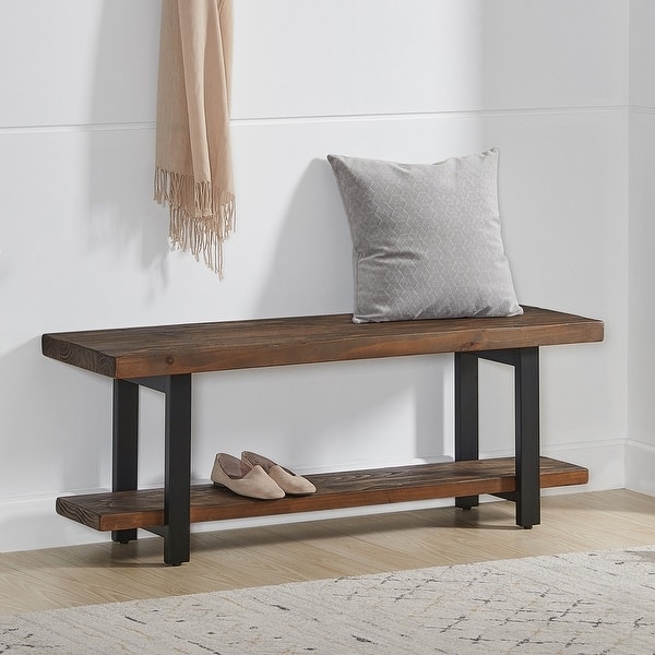 Industrial Wood and Metal Bench with Thick Wood Slabs and Lower Shelf
