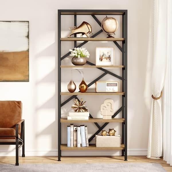 Industrial Wood and Metal Bookshelf, 6-Tier Open Etagere X-Cross Brace.