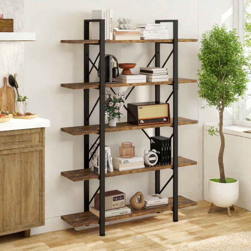 Industrial X-Frame Bookshelf, 5-Tier Ladder Style Etagere.