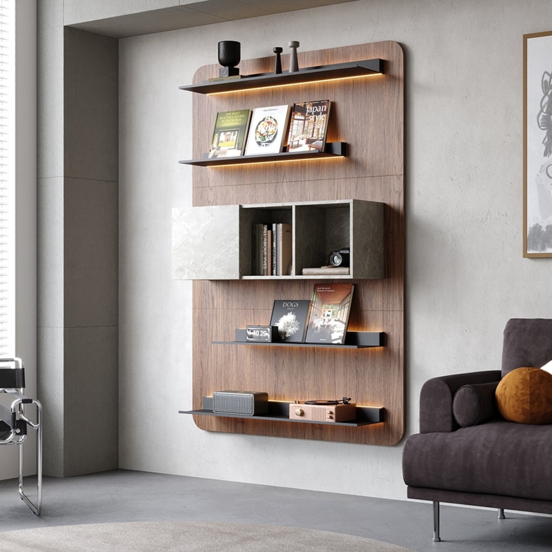 Integrated LED Bookshelf Walnut Floor To Ceiling Bookcase Cabinetry