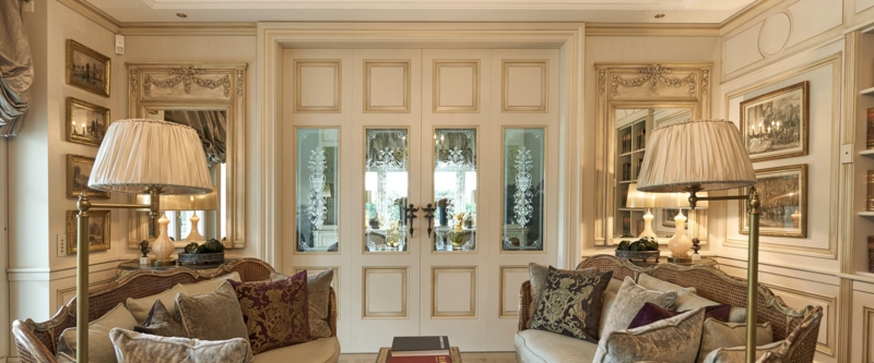 Interior French Doors with Etched Glass Motifs and Sidelights