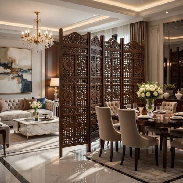 Intricate Sun and Moon Carved Room Divider, Fretwork Folding Screen