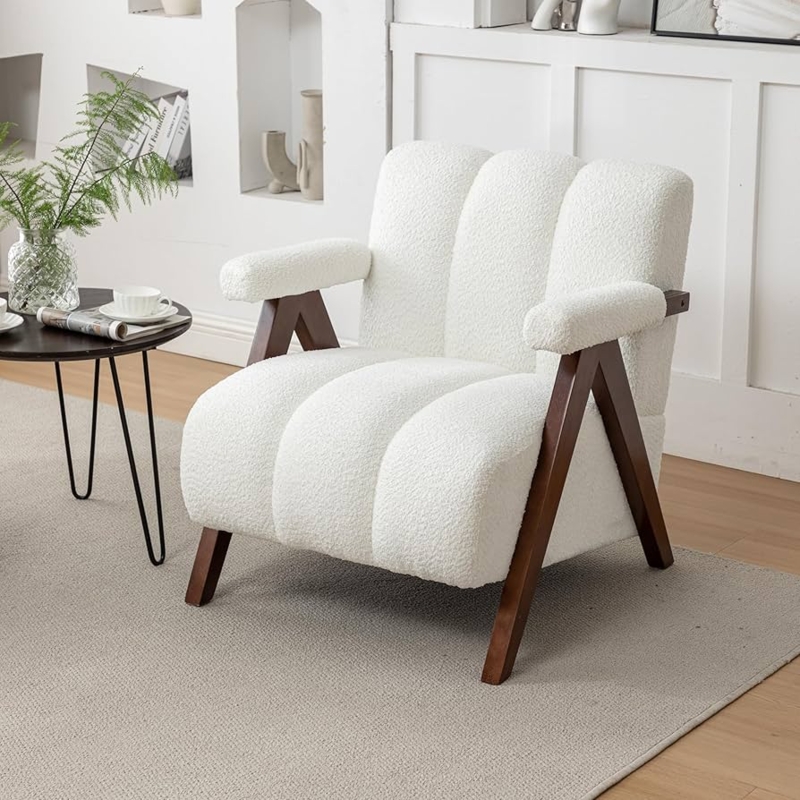 Ivory Boucle Accent Chair with Exposed Wood Frame and Tufted Detail
