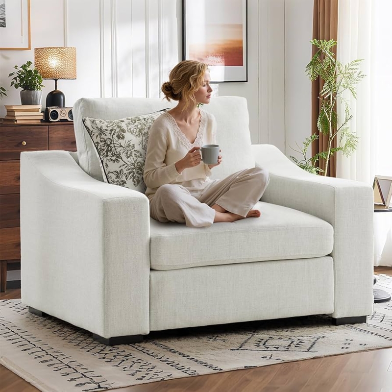 Ivory Oversized Reading Chair with Deep Seat and Track Arms