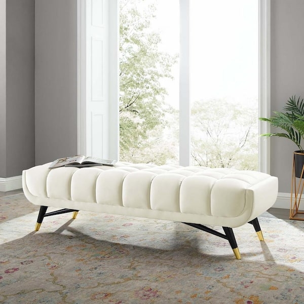 Ivory Performance Velvet Bench with Gold Tapered Legs and Bolster Ends