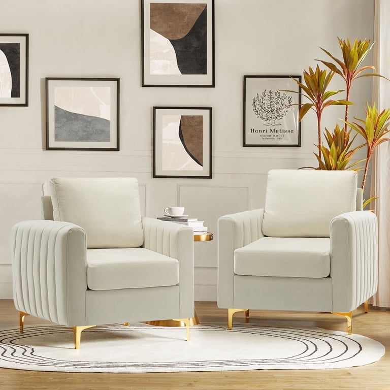 Ivory Velvet Accent Chair Set with Channel Tufting