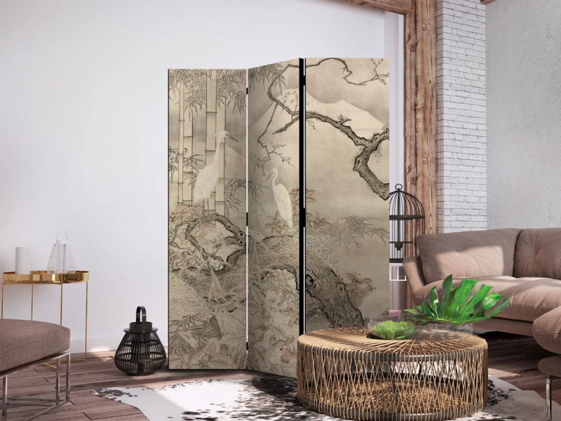 Japandi Folding Room Divider with Crane Artwork Partition