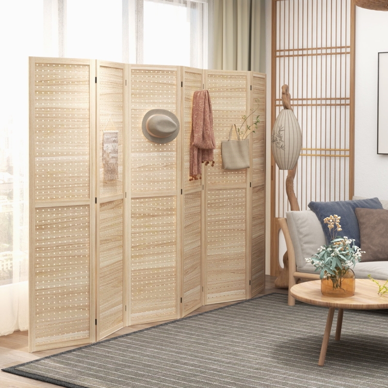 Japandi Folding Room Divider with Perforated Pegboard Panels and Hooks