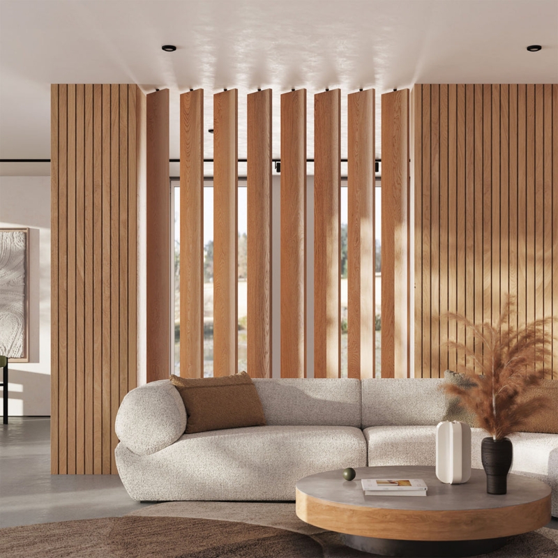 Japandi Rotating Wood Room Divider with Pivoting Slat Mechanism