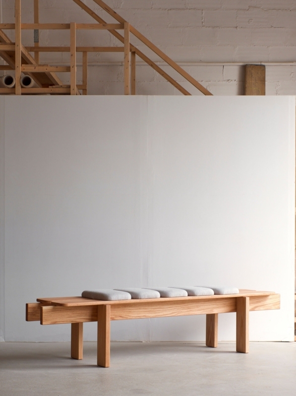 Japandi Sculptural Bench with Thick Seat and Cylindrical Legs