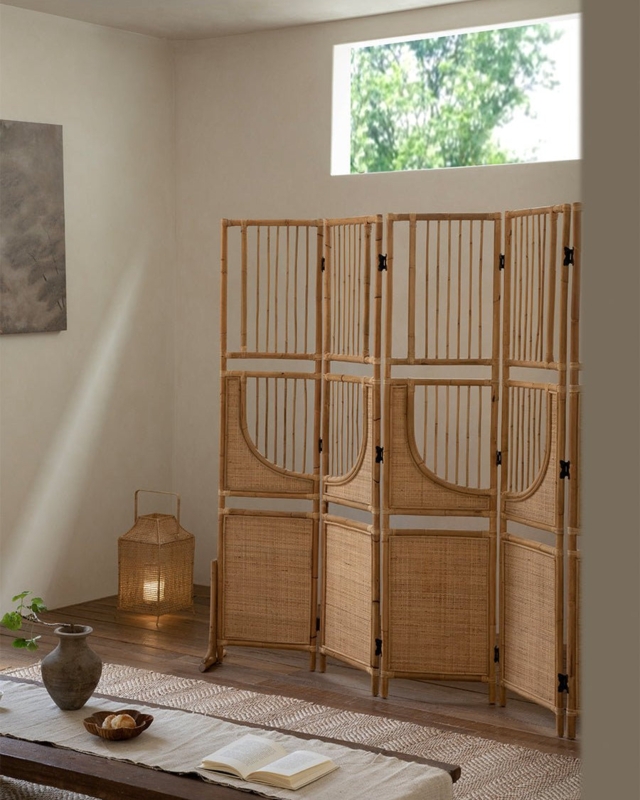 Japandi Style Four-Panel Room Divider with Rattan Spindles