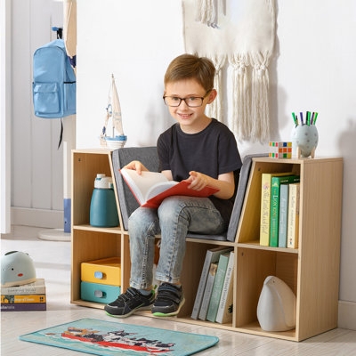 Kids Bookcase White Integrated Reading Nook Cushion Six Cubby Layout