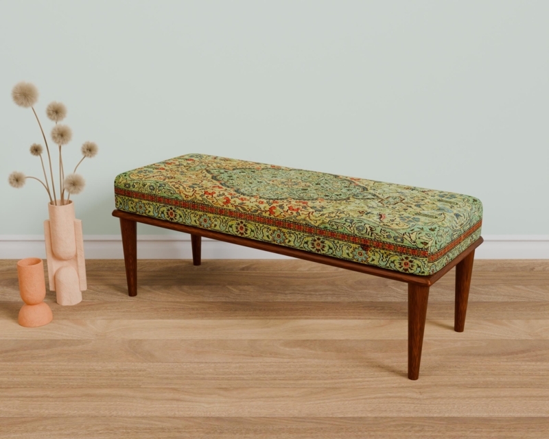 Kilim Upholstered Bench Geometric Motif Bohemian Accent Seating