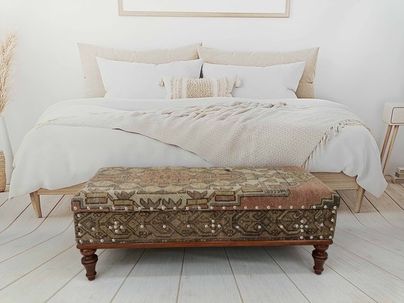Kilim Upholstered Storage Bench with Nailhead Trim and Turned Legs