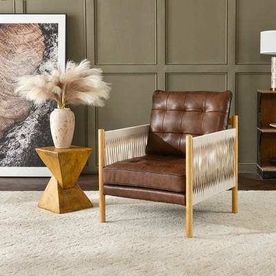 KINWELL Genuine Leather Accent Chair With Fabric Tape Wrapped Arms for  Living Room Lounge - Brown : Target