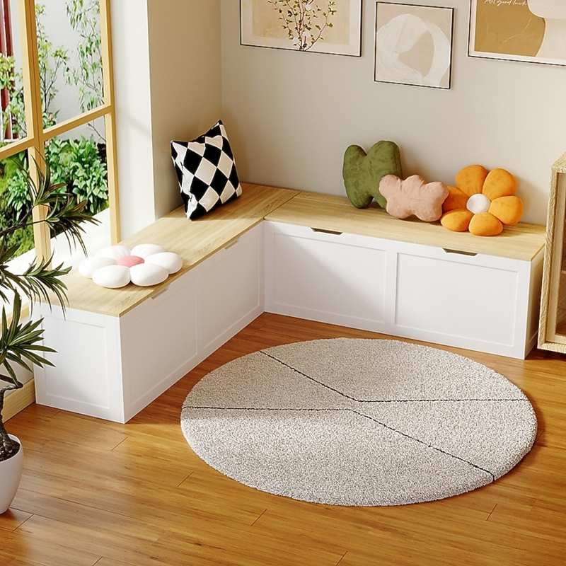 L-Shaped Corner Storage Bench with Wood Lids for Minimalist Entryway