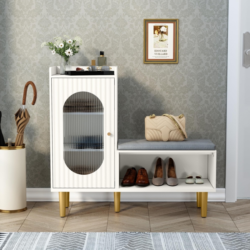 L-Shaped Shoe Cabinet with Seat, Reeded Oval Glass Door, and Gold Legs