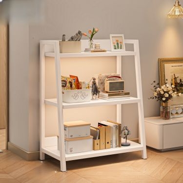Ladder Bookcase Leaning Design Brown Wood Toned Three Tier Shelving
