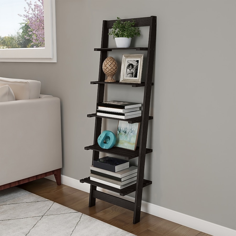 Ladder Bookcase Matte Black Five-Tier Graduated Shelves Modern Storage
