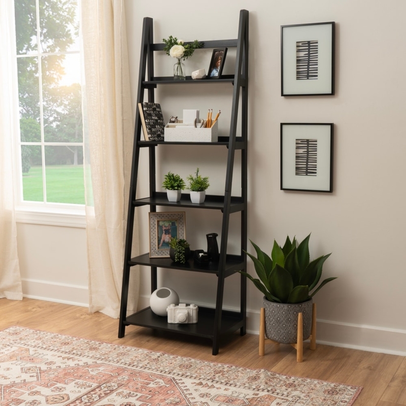 Ladder Bookcase Mid-Century Black and Walnut Leaning Silhouette