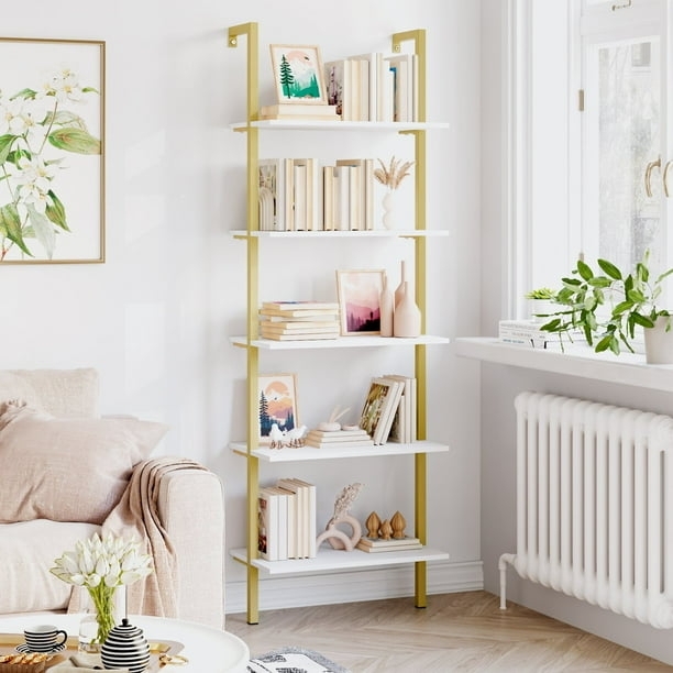 Ladder Bookcase White and Gold 5-Tier Wall Leaning Modern Glam