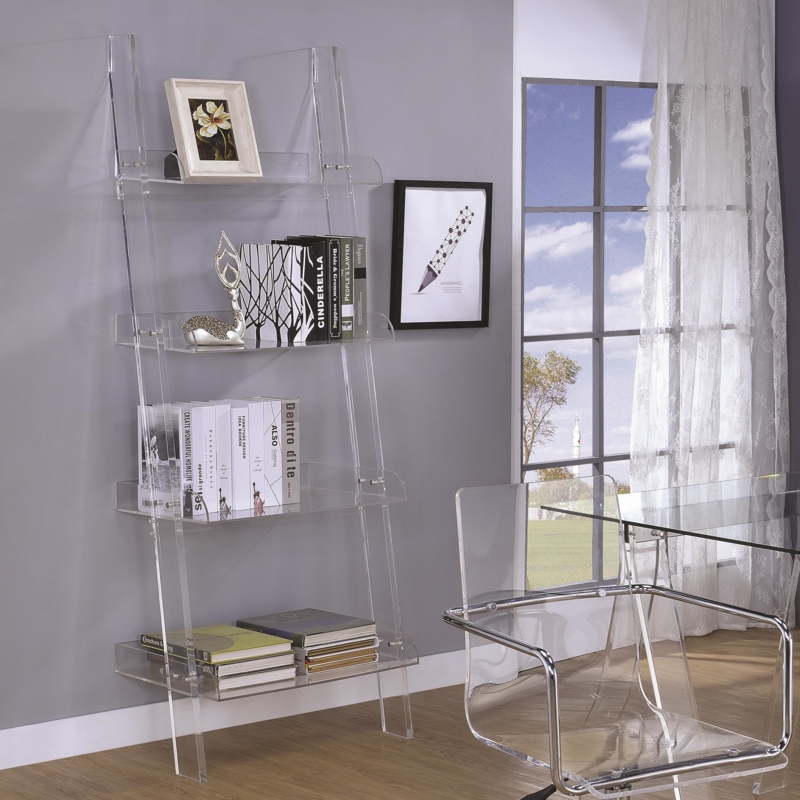 Ladder Bookcase with Acrylic Frame, Wood-Toned Floating Shelves, Leaning Design