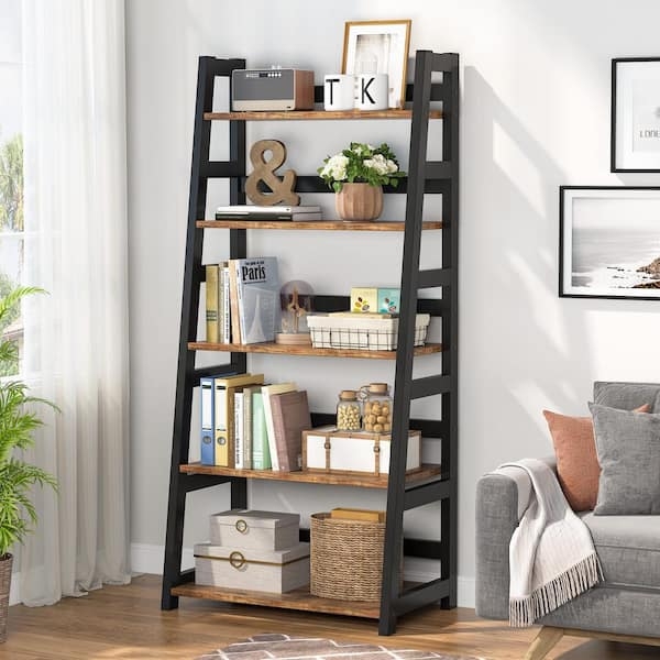 Ladder Bookshelf Industrial Wood and Metal Five Tier Open Shelving