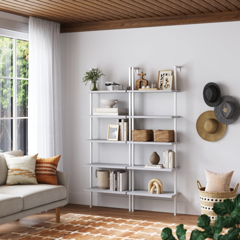 Ladder Bookshelf Leaning Design White Finish Coastal Modern Minimalist