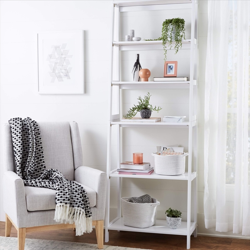 Ladder Bookshelf White Graduated Depths 5-Tier Scandinavian