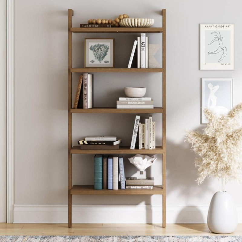 Ladder Bookshelf with Leaning Design in Brushed Light Brown
