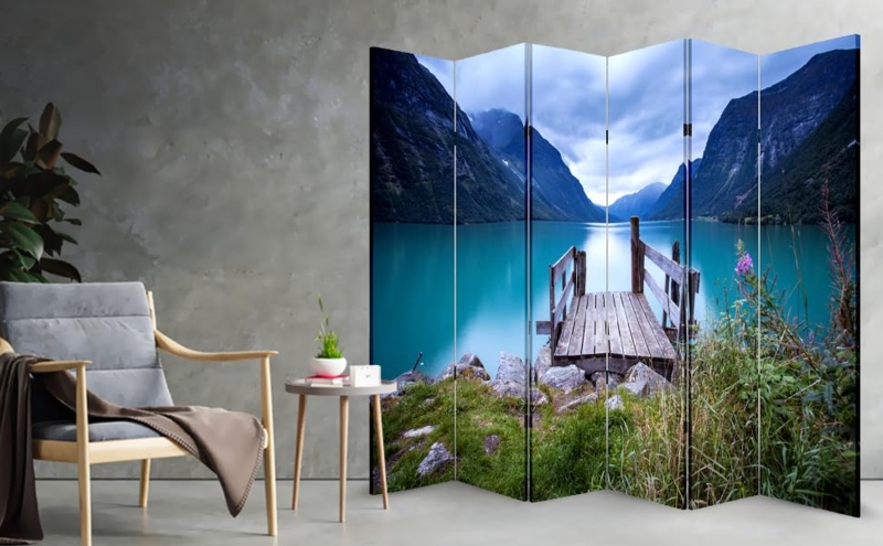 Landscape Room Divider 6 Panel Lake Dock Photographic Nature Screen