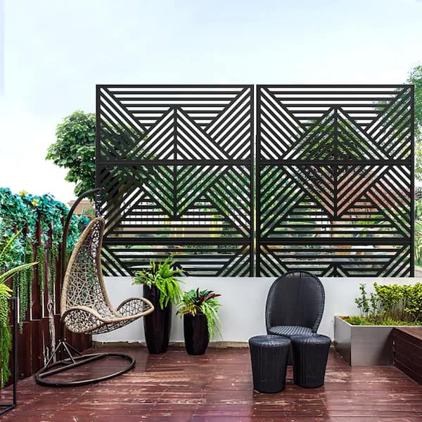 Large Black Privacy Screen with Modern Geometric Chevron Cutouts