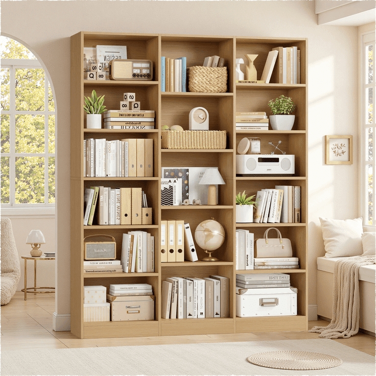 Large Triple Row Bookshelf with Minimalist Cubby Storage