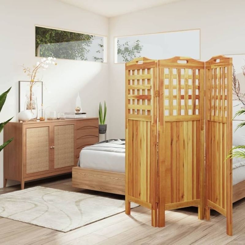 Lattice Top Folding Room Divider, Warm Wood Three-Panel Screen