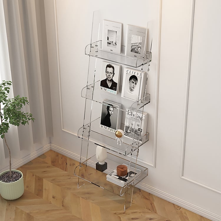 Leaning Acrylic Ladder Bookcase, Four-Tier Tapered Design for Minimalist Display