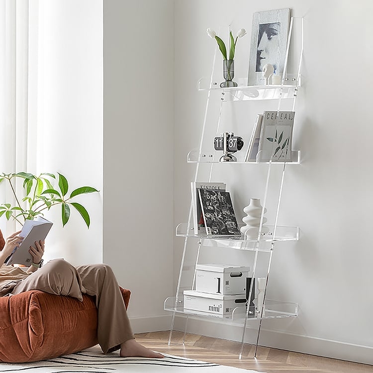 Leaning Acrylic Ladder Bookshelf, Four-Tier Slanted Frame for Sleek Display