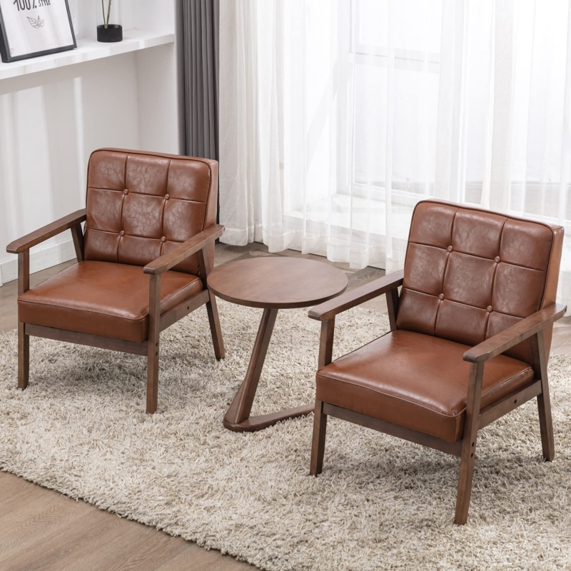 Leather Accent Chair Set Styling Warm Wood Frame Brown