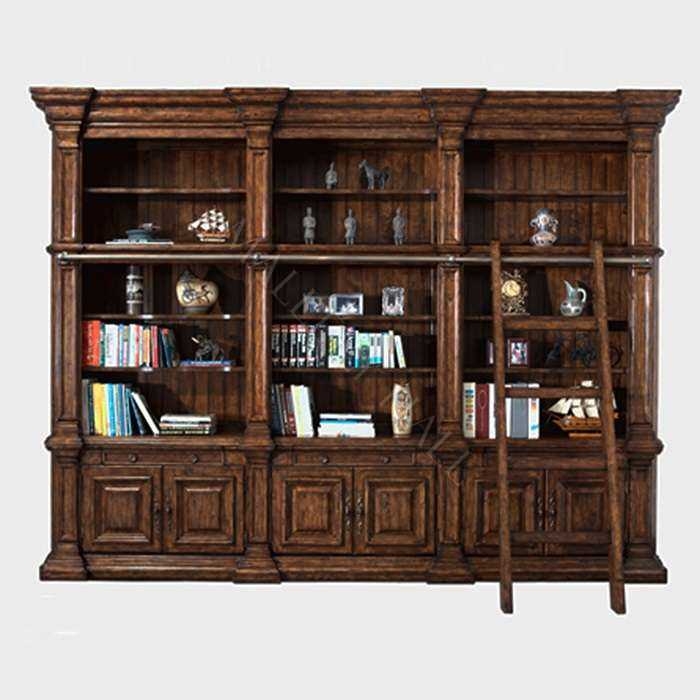 Library Bookcase Integrated Ladder, Bookcase with Rolling Wooden Ladder
