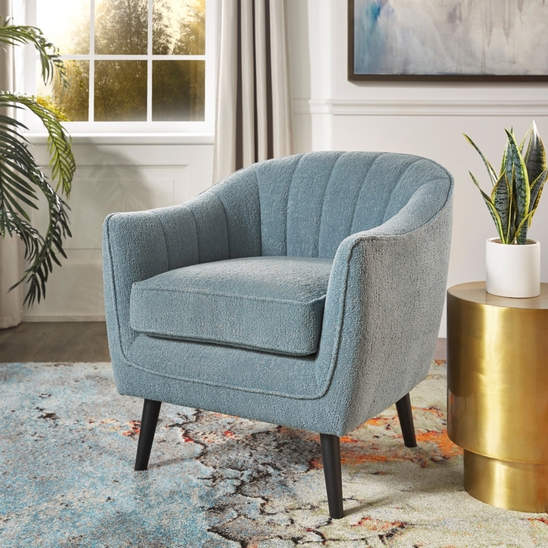 Light Blue Accent Chair with Channel Tufting and Modern Slanted Back