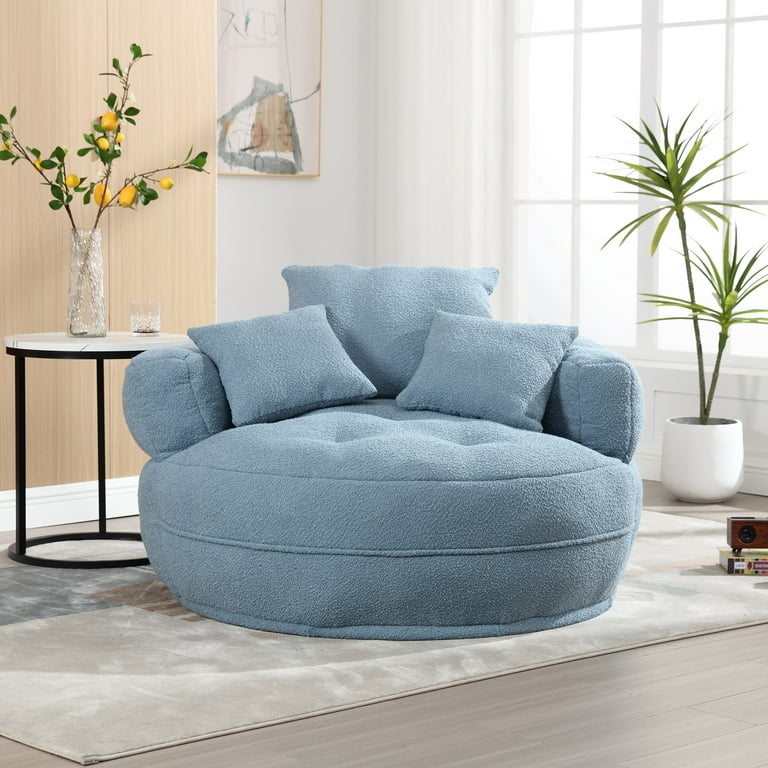 Light Blue Boucle Accent Chair with Round Silhouette and Tufted Seat