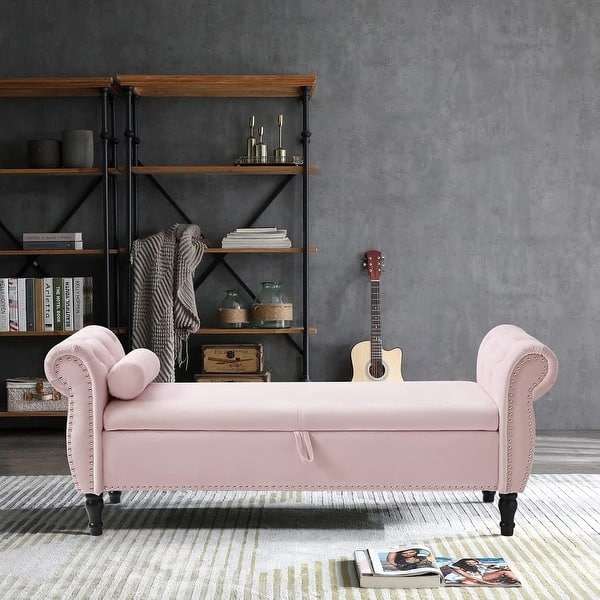 Light Gray Velvet Storage Bench with Gold Tapered Legs