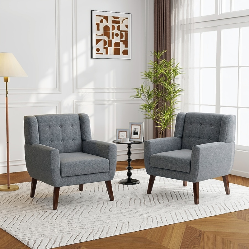 Light Grey Transitional Armchair with Button Tufting and Rolled Arms