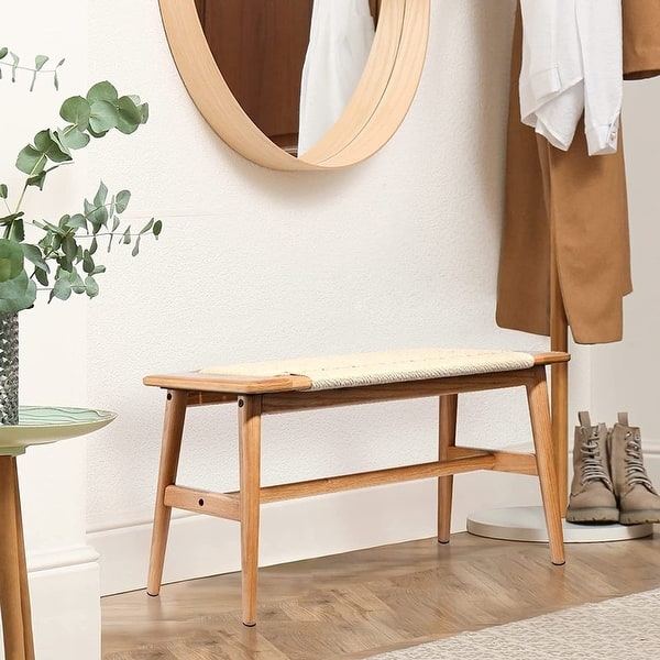 Light Oak Entryway Bench with Woven Rope Seat, Tapered Legs, Scandi Boho