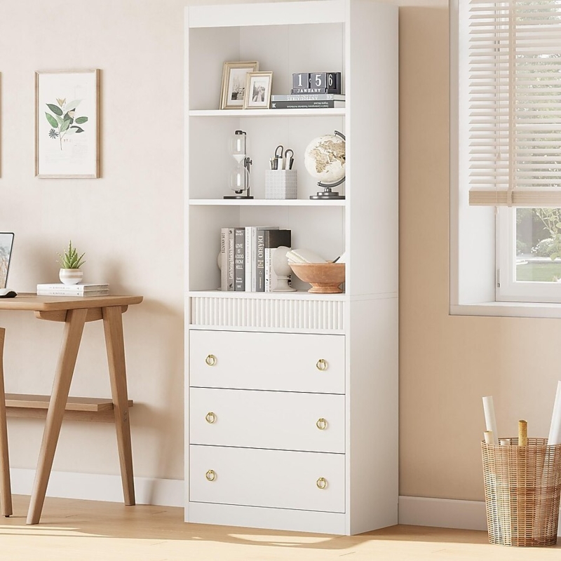 Light Wood Bookcase featuring Fluted Drawers and Arched Top