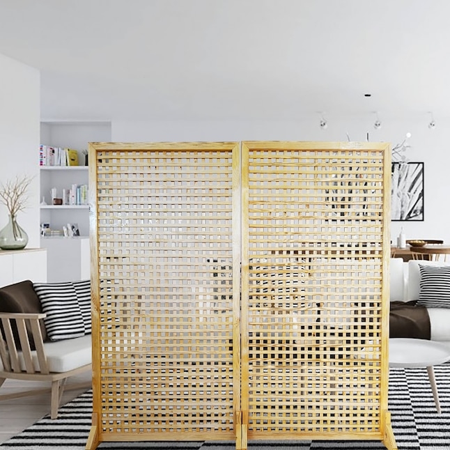Light Wood Lattice Room Divider, Square Grid Pattern, Folding