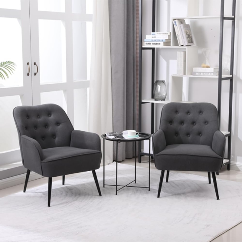 Linen Fabric Accent Chair with Button Tufting and Flared Arms