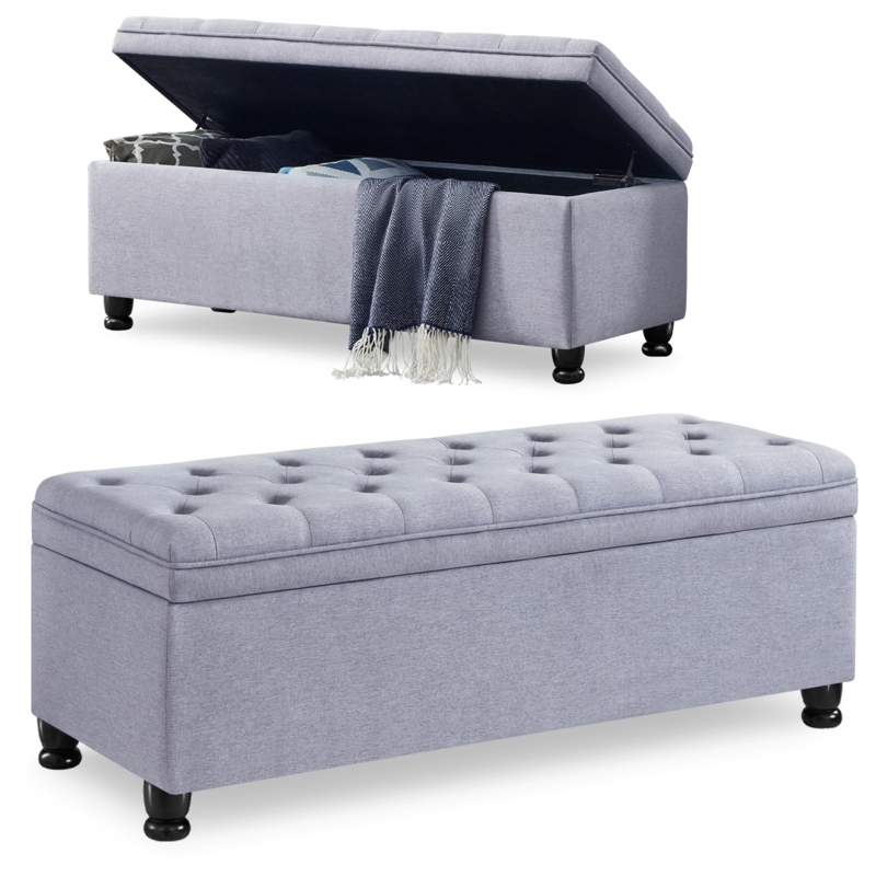 Linen-Like Storage Bench with Turned Legs for End of Bed Ottoman