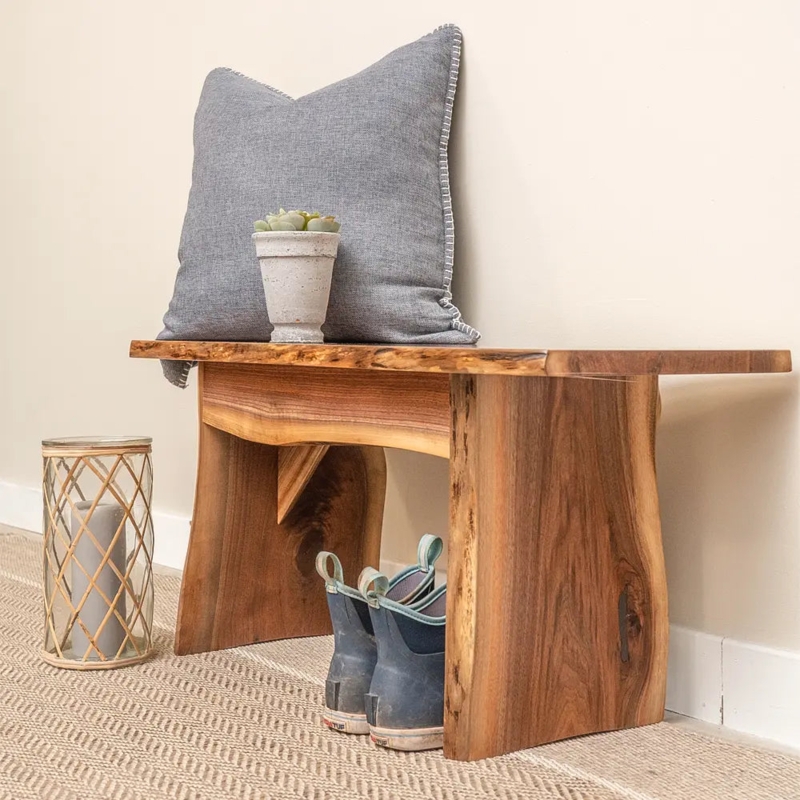Live Edge Bench Walnut Wood Thick Top with Black Metal U-Shaped Legs