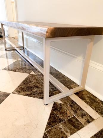 Live Edge Wood Entryway Bench supported by White Metal Frame