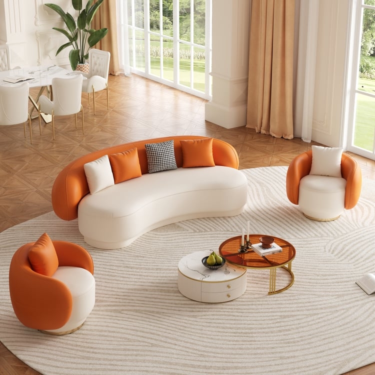 Living Room Set White Curved Sofa Tan Leather Like Swivel Chairs